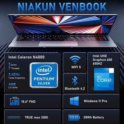 15.6' Windows 11 Pro Laptop N4000 Processeur 8 Go de RAM 256 Go SSD Windows 11 Pro