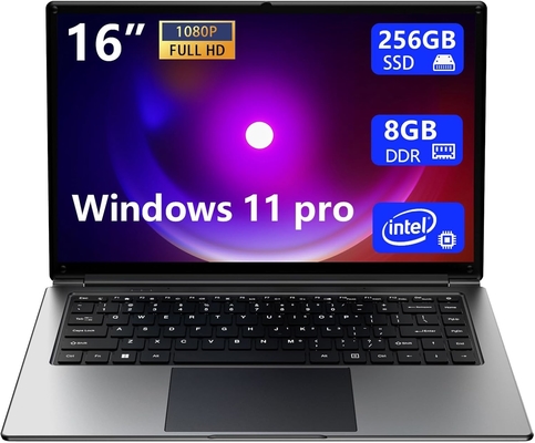 ordinateur portable de 16 pouces, 8 Go DDR 256 Go SSD portable, évolutif à 1 To, processeur quad-core Pentium jusqu'à 2,64 GHz, batterie de 9000 mAh, interface mini HDMI, interface USB3.0, WiFi à double bande, webcam, ordinateurs portables minces