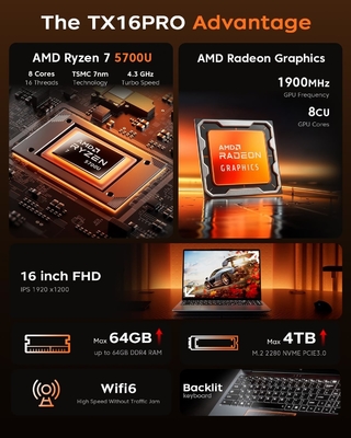 2025 Gaming Laptop, Laptop with AMD Ryzen 7 5700U (8C/16T, Up to 4.3GHz), 16GB RAM 512GB NVMe SSD Laptop Computer, Radeon RX Vega 8 Graphics, 16.1-inch FHD Display, WiFi 6, 53Wh Battery, Backlit KB